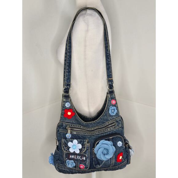 FLR PWR Upcycled Denim Jeans hippie Flower crochet gingham shoulder bag blue red - Picture 15 of 15